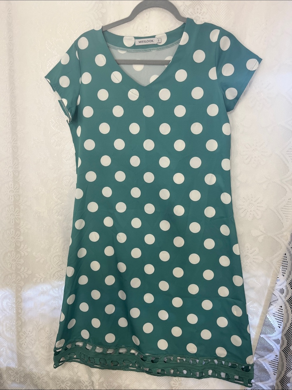 😻5for$15😻MISSLOOK Teal Polka Dot Short Sleeve A-Line Dress S